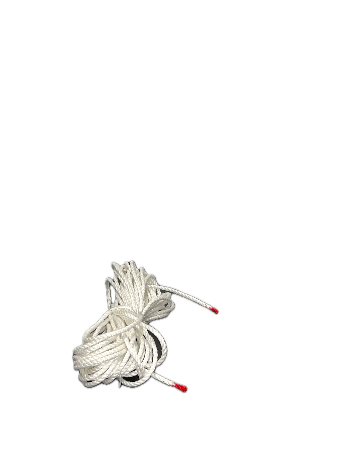 Coiled white rope with a red tag on a white background
