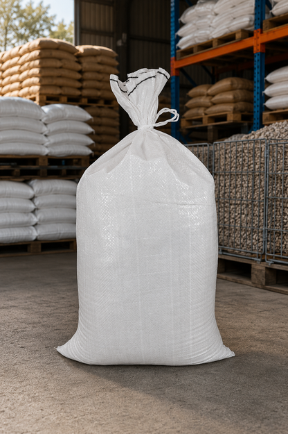 White medium woven polypropylene bag, 50x80cm, on a warehouse floor