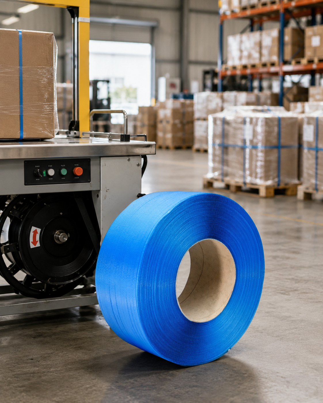 Blue polypropylene machine strapping on a 3000m roll, shown in a warehouse setting