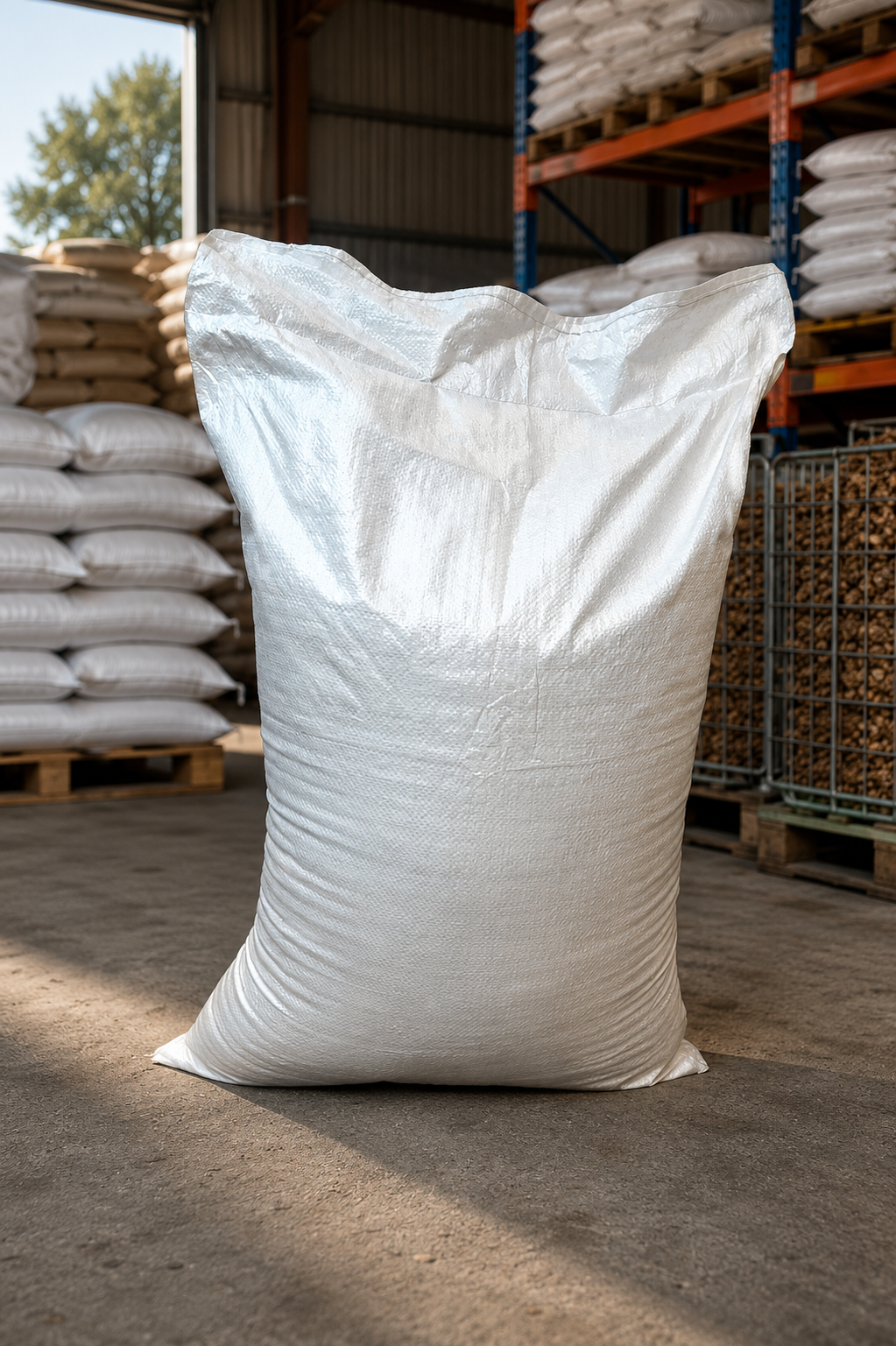 Woven Polypropylene Bag, front view, in warehouse setting