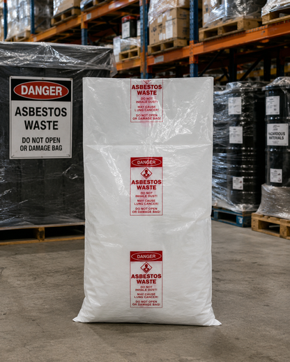 Clear asbestos waste bags stacked on pallet in warehouse setting