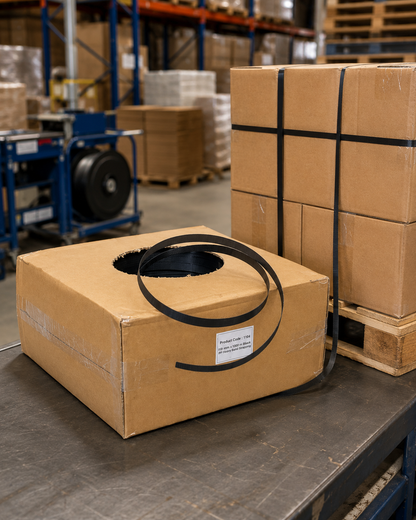 Black polypropylene hand strapping on dispenser box in warehouse setting