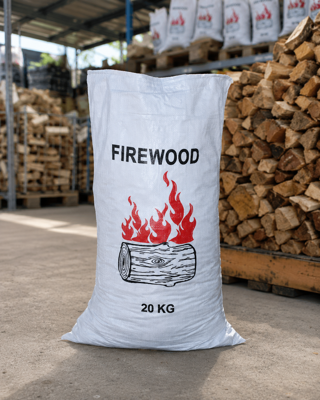 Woven polypropylene firewood bag, front view, with printed design