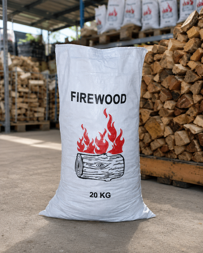 Woven polypropylene firewood bag, front view, with printed design