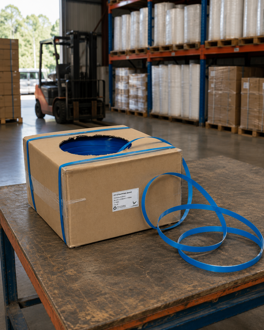 Blue polypropylene hand strapping on dispenser box in warehouse setting