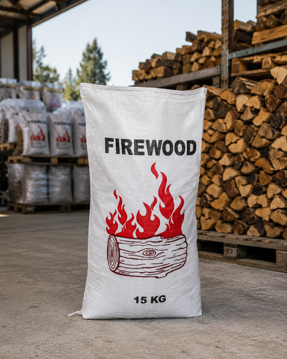 Woven polypropylene firewood bag, front view, with printed design and gusseted sides.