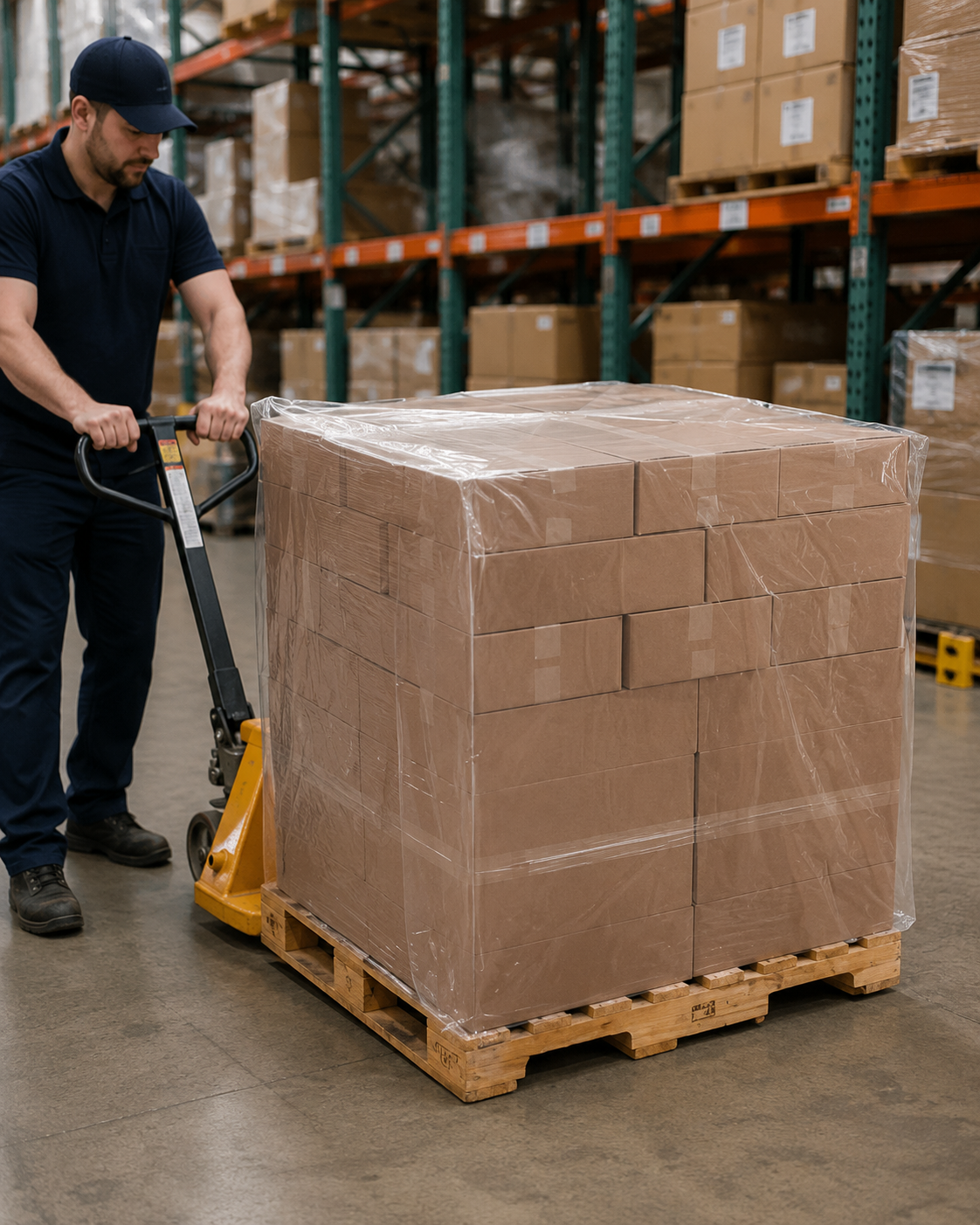 LDPE pallet bags on pallet in warehouse setting, clear material visible