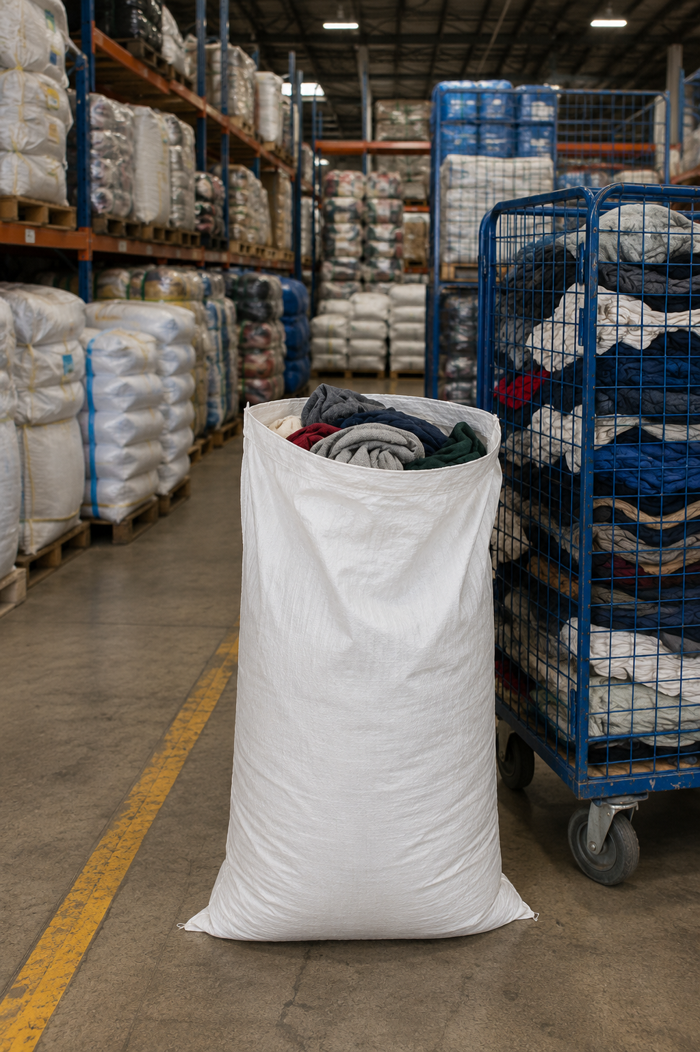 Woven polypropylene clothing export bag, front view, in warehouse setting