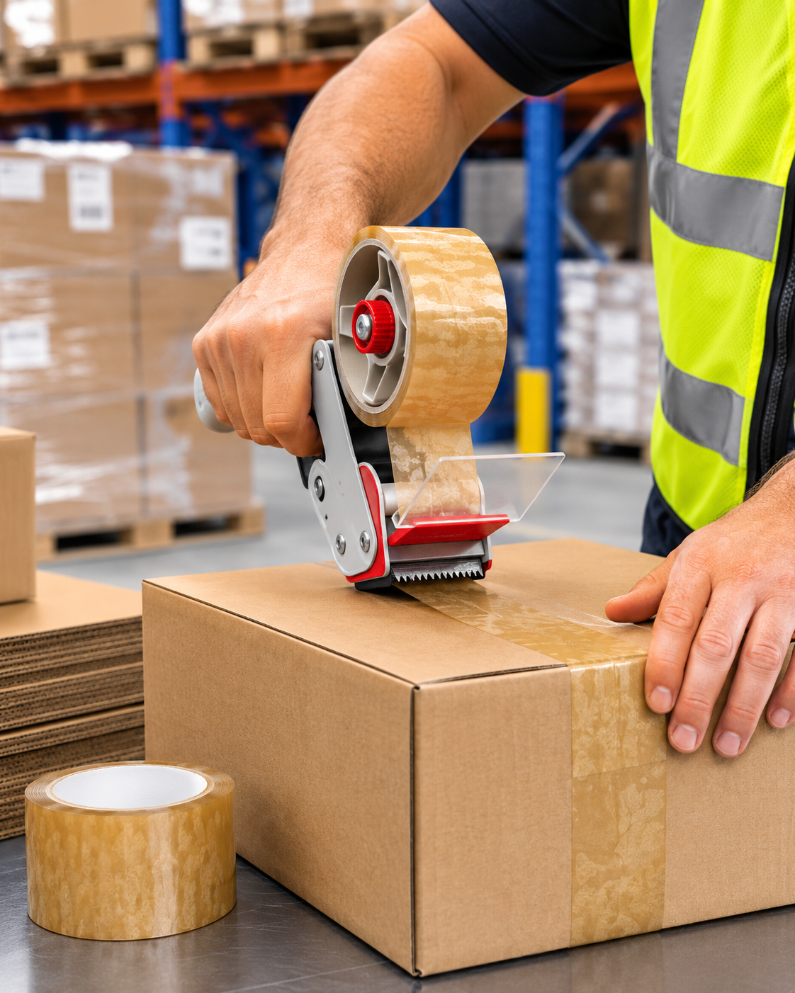 Yellowish hybrid adhesive packaging tape on a warehouse shelf
