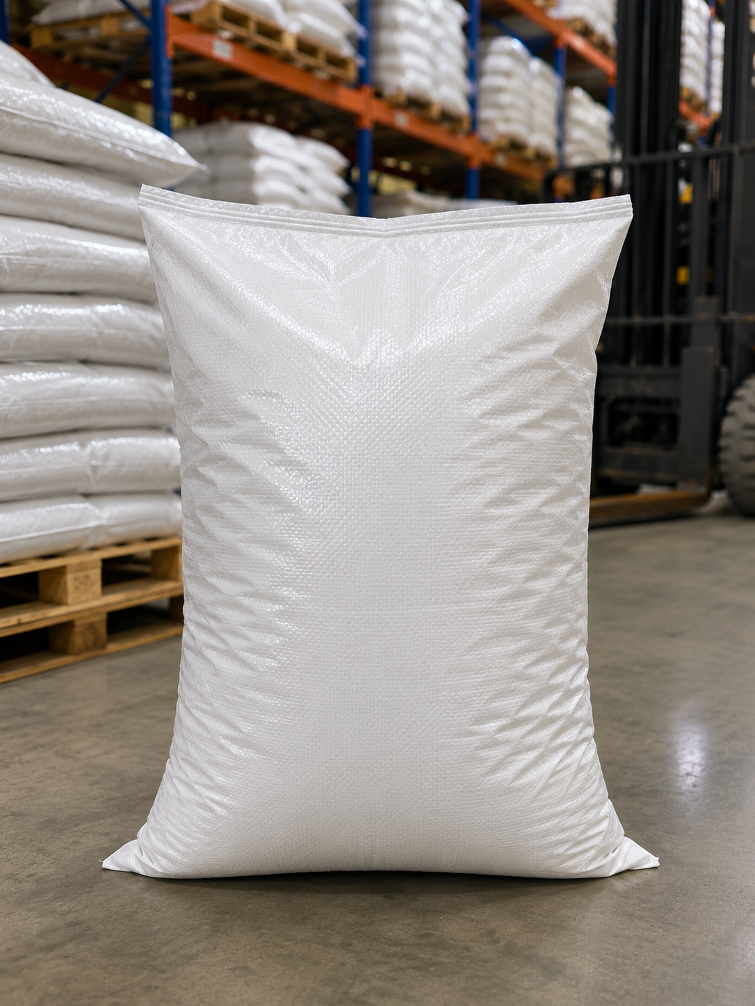 White laminated feed bag with 10cm gusset, front view, in warehouse setting