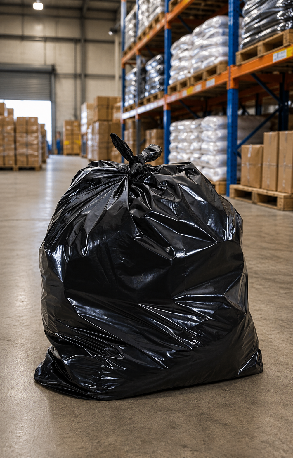 Heavy-duty black bin liners in a commercial warehouse setting