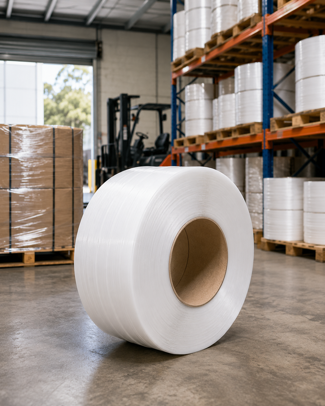 Polypropylene strapping on pallets in warehouse setting