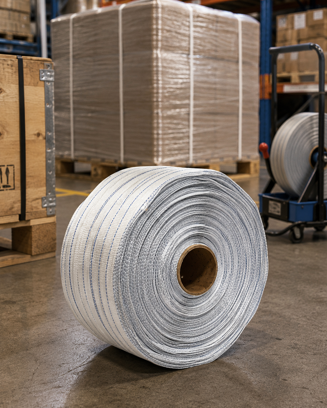 Poly-Woven Strapping roll in a warehouse setting, blue line visible