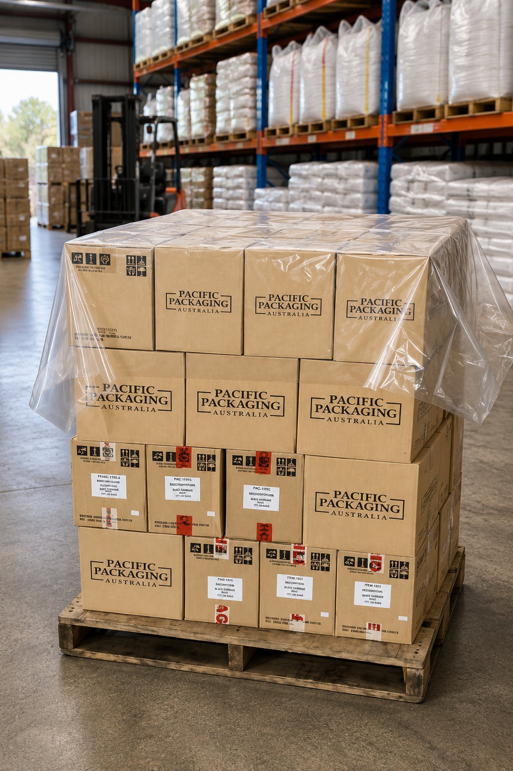 Pallet Cap, a HDPE pallet top cover, on a pallet in a warehouse setting