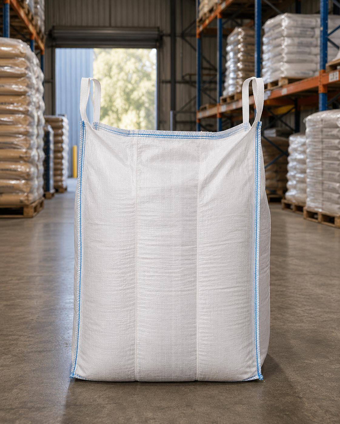 Laminated bulk bag with spout top and bottom in warehouse setting