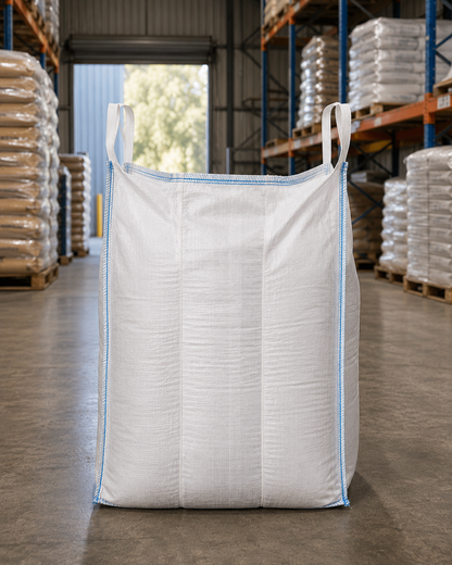 Laminated bulk bag with spout top and bottom in warehouse setting