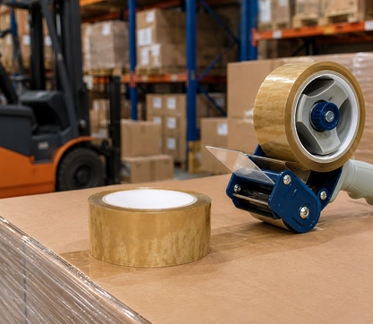 Yellowish hybrid adhesive packaging tape rolls stacked on warehouse shelves
