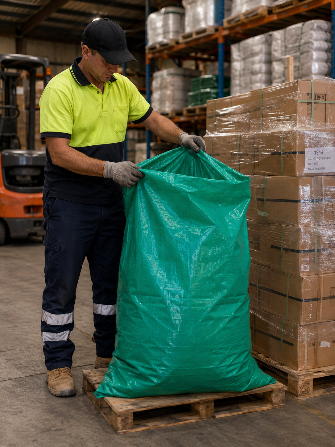 Green tint LDPE mining bags stacked in warehouse setting