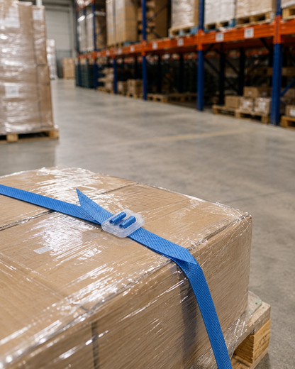 Plastic buckles in a warehouse setting, multiple 15mm buckles on a table