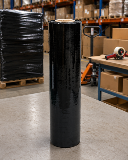 Black LDPE stretch film hand roll on warehouse floor