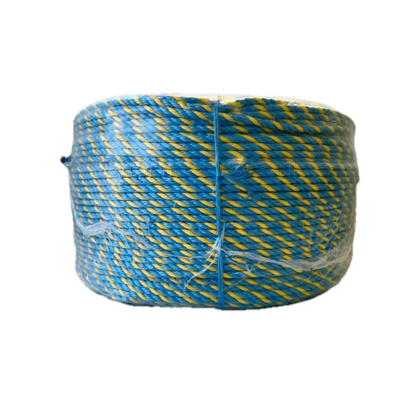 Coiled TYMATE Telstra Rope, 6mm x 400m blue and yellow polypropylene strands