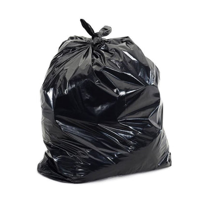 Black plastic trash bag tied at top, full, on white background