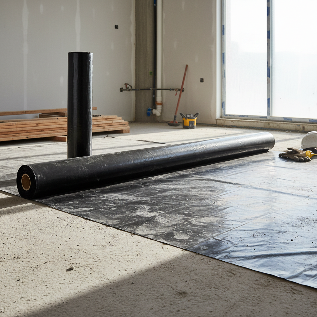 Roll of Pacific Packaging Australia's Black Builders Film on a concrete floor with tools and wooden pallets in the background.