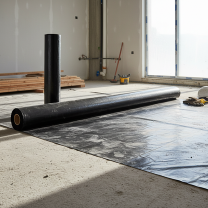 Roll of Pacific Packaging Australia's Black Builders Film on a concrete floor with tools and wooden pallets in the background.