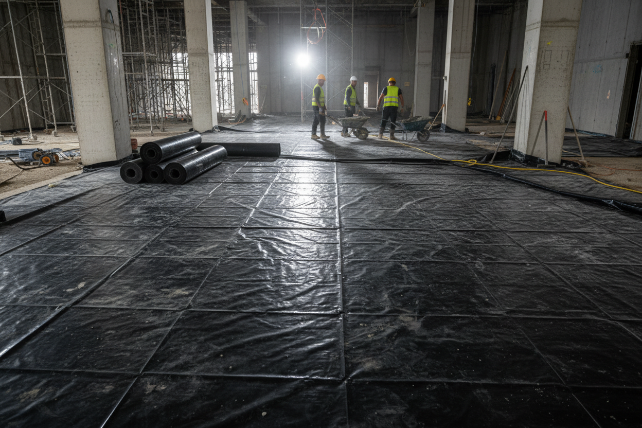 A work site floor that has been covered with Pacific Packaging Australia's Buildmet Builders Film.