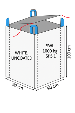 Diagram of a white, uncoated material bag with dimensions and safety weight limit.