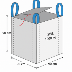 Diagram of a gray bulk bag with blue handles, showing dimensions and weight capacity.