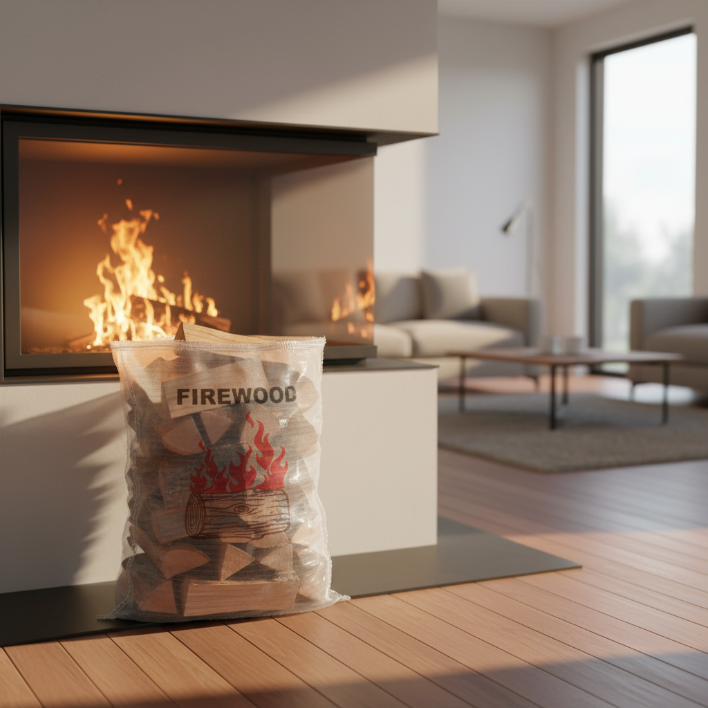 A Pacific Packaging Australia Firewood Bad in front of a burning fireplace in a modern living room.