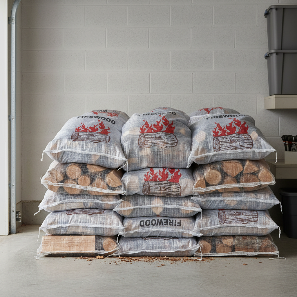 Stack of Pacific Packaging Firewood Bags labeled 'Firewood' against a gray tiled wall.