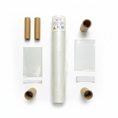 A bird's eye view shot of a roll of Pacific Packaging Australia's Buildmet Clear Builders Film laying flat with a few items around it to showcase it's size.