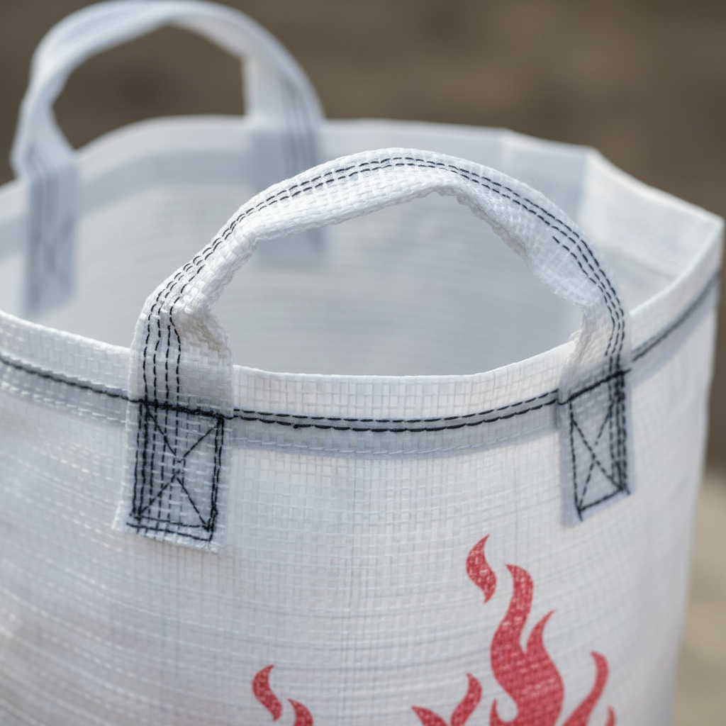 A White Pacific Packaging Australia firewood bag with red flame design and handles on a blurred background