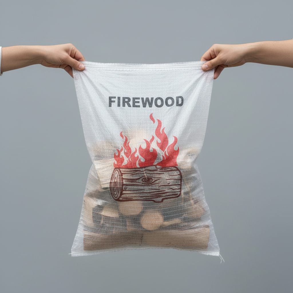 A Pacific Packaging Firewood Bag labeled 'Firewood' held by two hands against a gray background