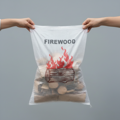A Pacific Packaging Firewood Bag labeled 'Firewood' held by two hands against a gray background