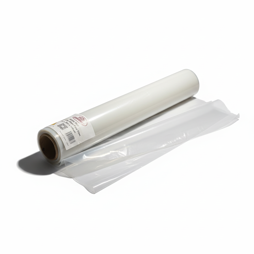 A roll of Pacific Packaging Australia's Buildmet Clear Builders Film laying flat on an angel while being a bit un rolled.