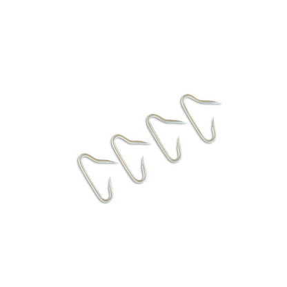 Metal V-shaped wire fasteners, four arranged diagonally with sharp points on white background