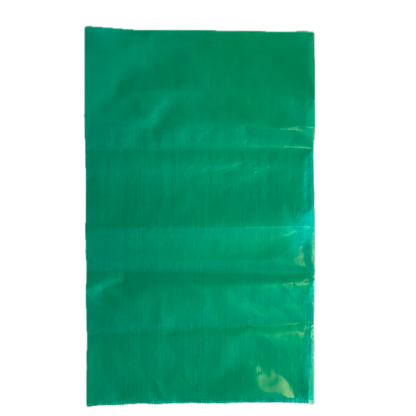 Green polyethylene bag lying flat with sealed edges on white background