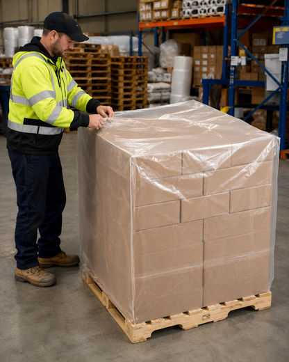 Clear LDPE pallet bag, front view, wrapped around pallet