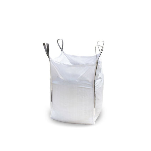 White woven polypropylene FIBC bulk (ton) bag standing open with four lift loops on white background