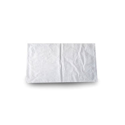 White poly mailer lying flat on white background, crinkled polyethylene shipping bag with sealed left seam