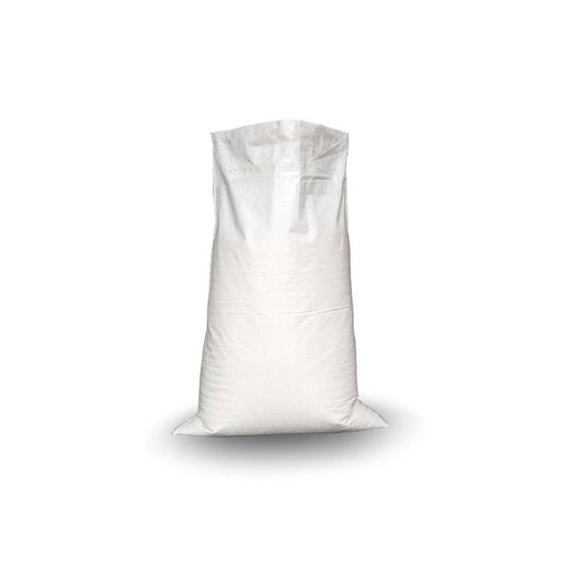 White woven polypropylene sack standing upright on white background casting shadow