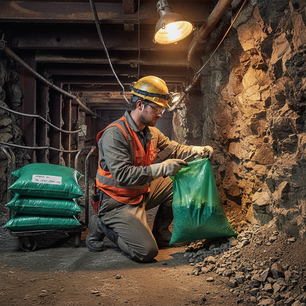 Worker in a mine setting using Pacific Packaging Australia LDPE Mining Bags to sort the rubble.