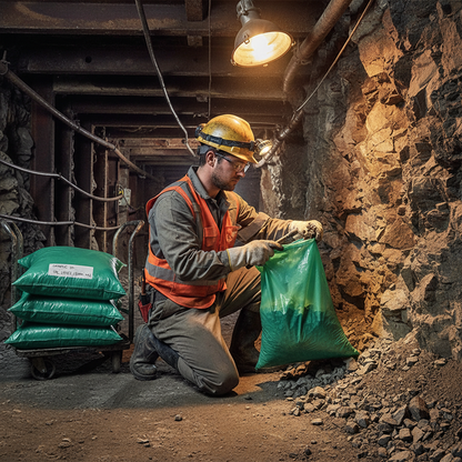 Worker in a mine setting using Pacific Packaging Australia LDPE Mining Bags to sort the rubble.