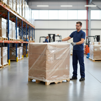 Man in a warehouse covering a pallet of boxes using Pacific Packaging Australia's LDPE Pallet Bag.