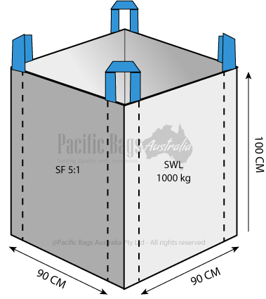 FIBC bulk bag marked SF 5:1 and SWL 1000 kg, Pacific Bags Australia logo, four blue corner lifting loops
