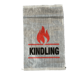 Woven burlap sack labeled KINDLING with red flame logo, storage bag for firewood kindling