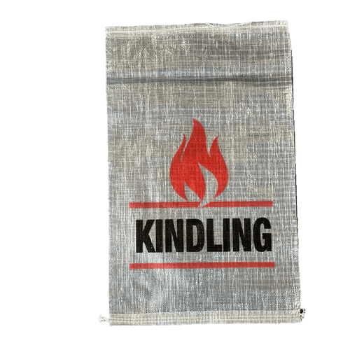 Woven burlap sack labeled KINDLING with red flame logo, storage bag for firewood kindling